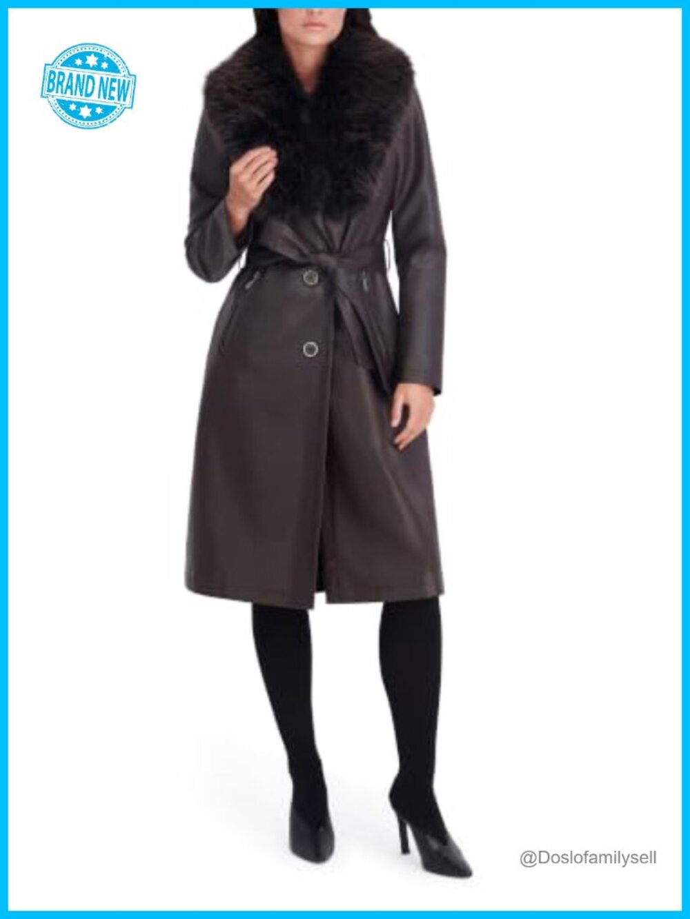 Faux Leather & Faux Fur Belted Trench Coat
